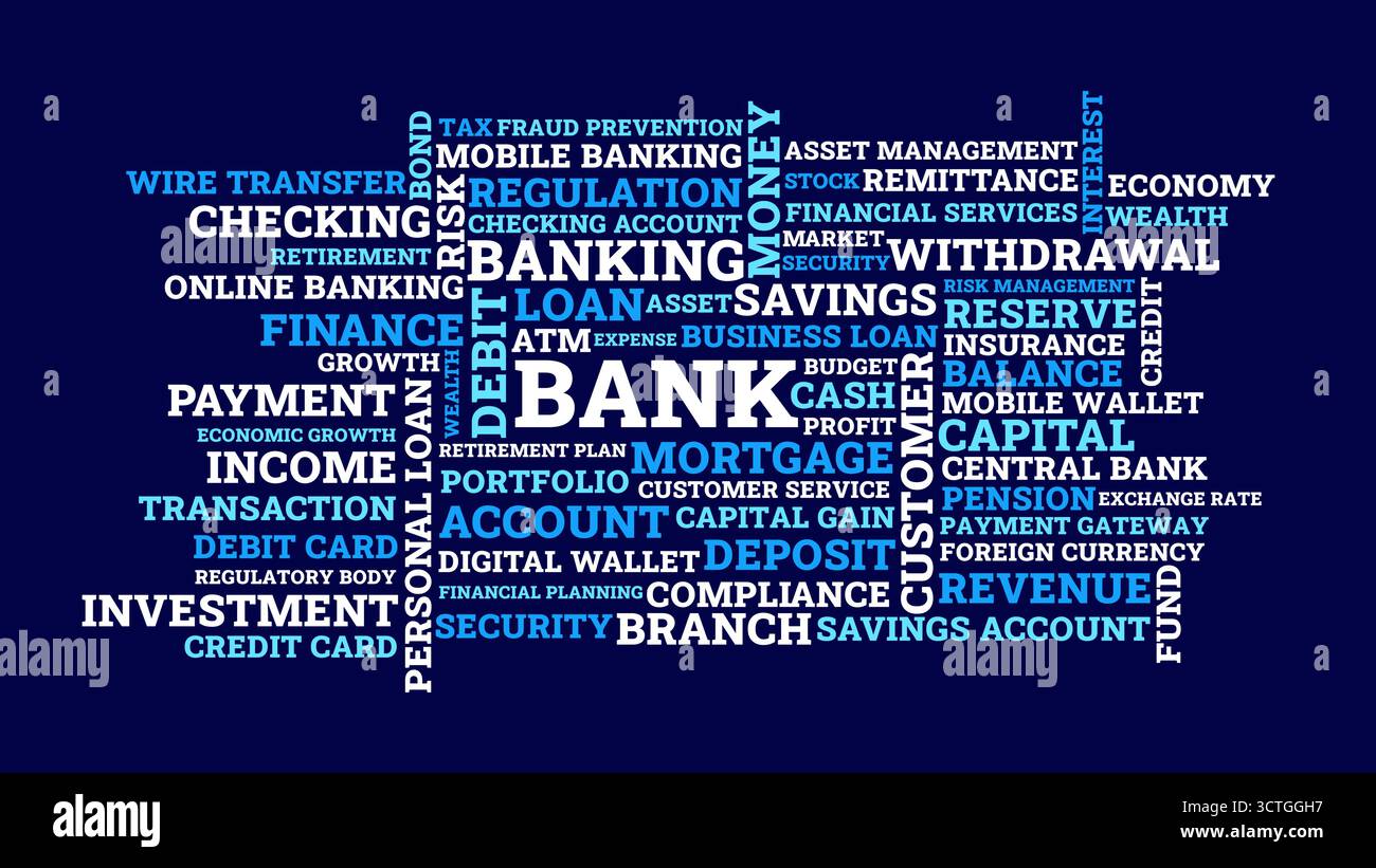 Cloud Word per la progettazione bancaria, la finanza e il money banking con deposito in contanti per prestiti di risparmio Illustrazione Vettoriale