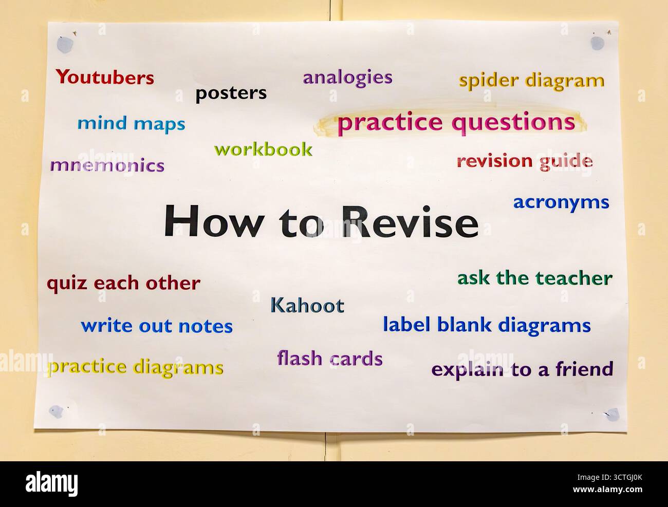 Strategie di revisione poster in aula per studenti di livello A. Foto Stock