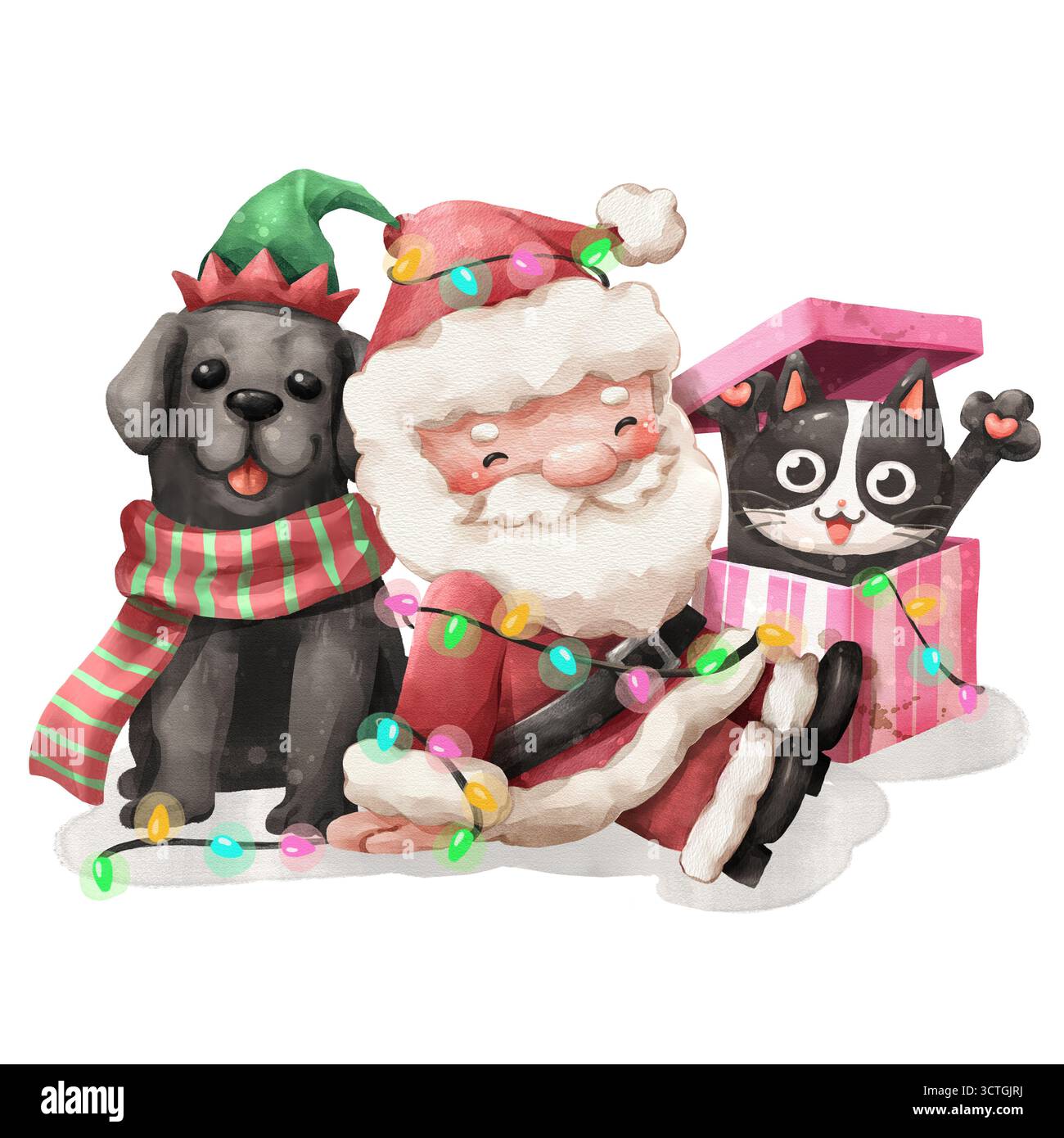 Un cartone animato ad acquerello raffigurante Babbo Natale aggrovigliato nelle luci di Natale, seduto con un cane Labrador nero che indossa un cappello elfo e un gatto da smoking sorpreso Foto Stock