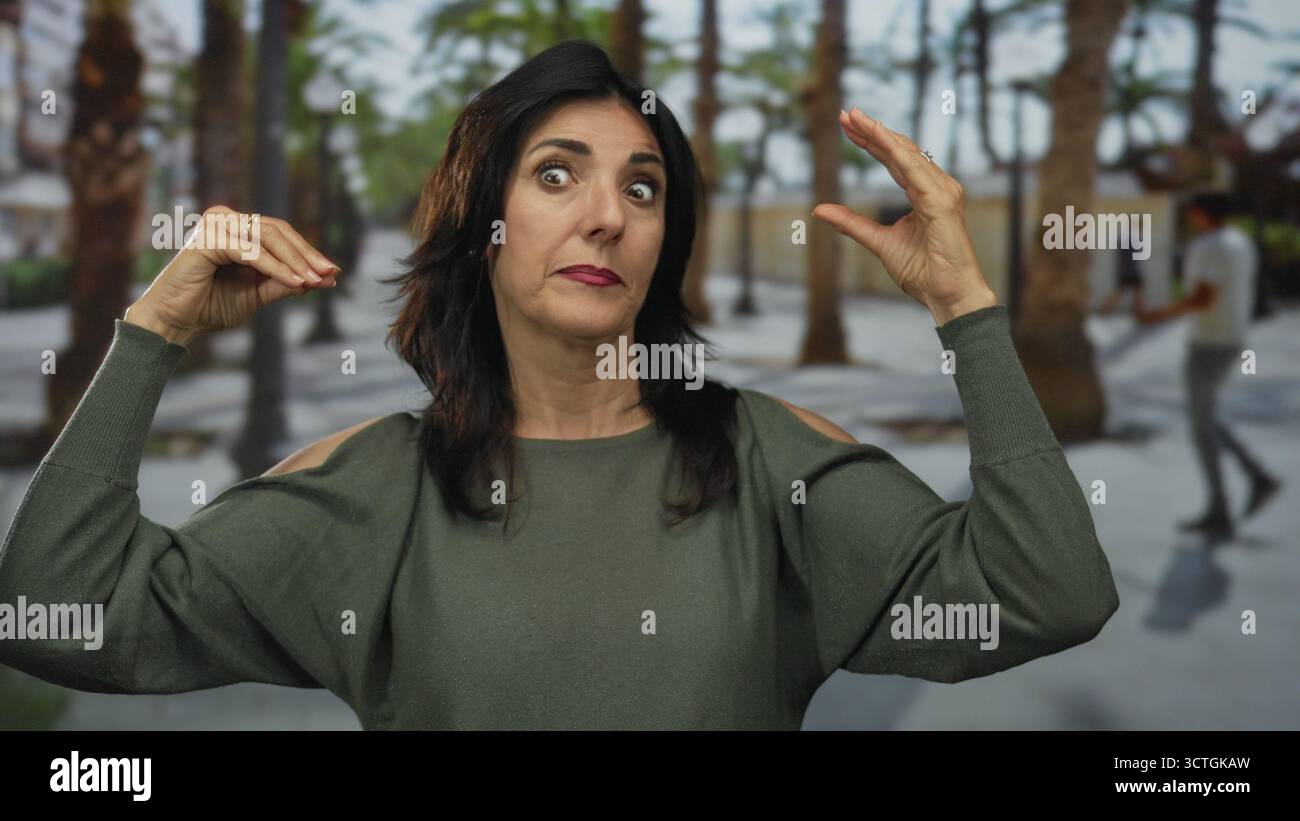 Una donna ispanica di mezza età tiene le mani separate in una trafficata strada cittadina costeggiata da palme; comunicazione seria. Foto Stock