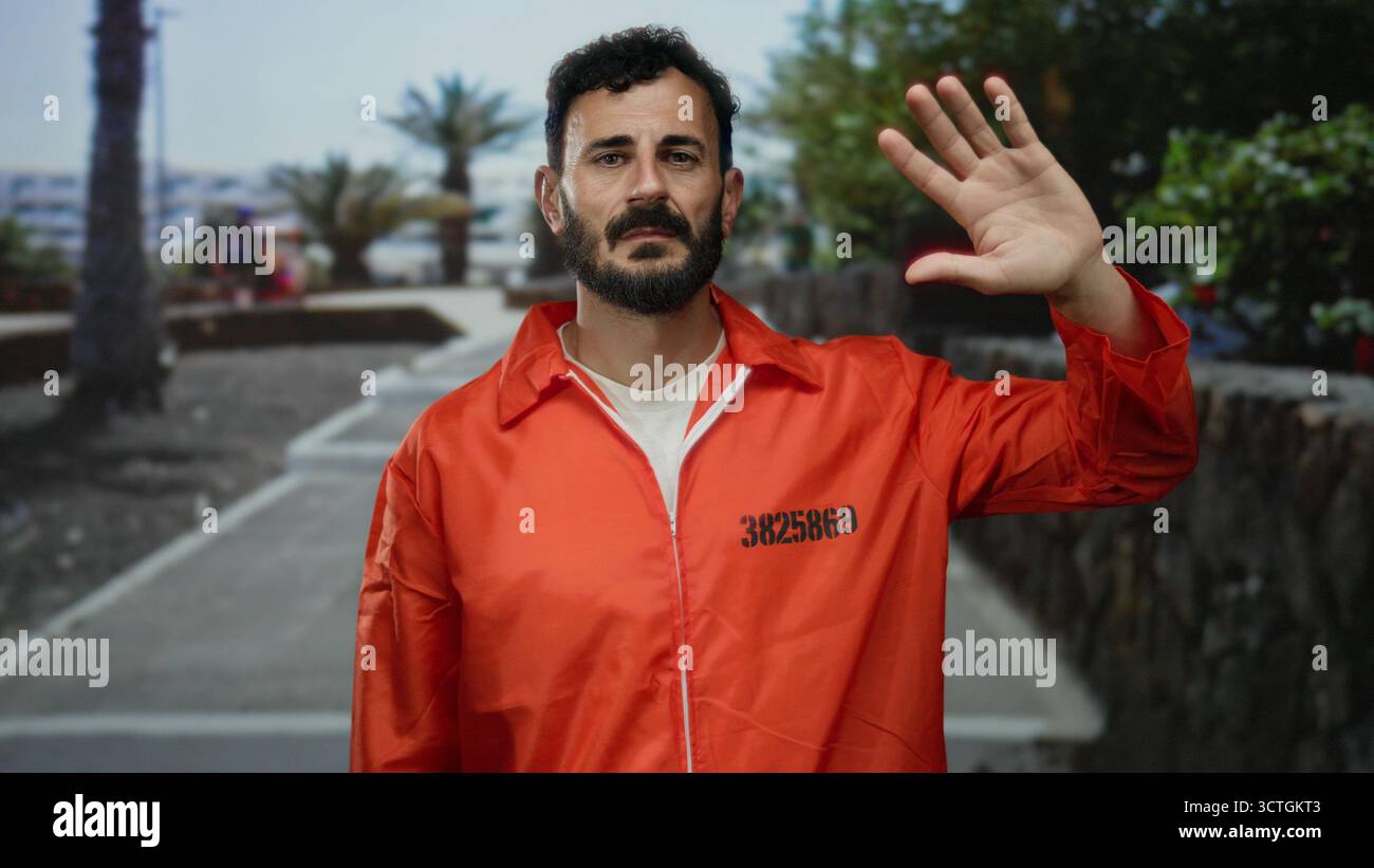 Uomo ispanico nella tuta arancione della prigione all'aperto alzando la mano su una strada costeggiata da palme e vegetazione, creando un contrasto tra il confinamento A. Foto Stock
