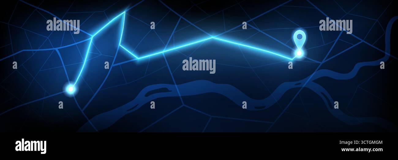 Mappa di navigazione gps digitale con percorso stradale blu al neon e marcatori di posizione illuminati su buio bg per il tracciamento. Sovrapposizione della griglia di rete con linee di instradamento luminose e punti di destinazione per un design moderno. Illustrazione Vettoriale