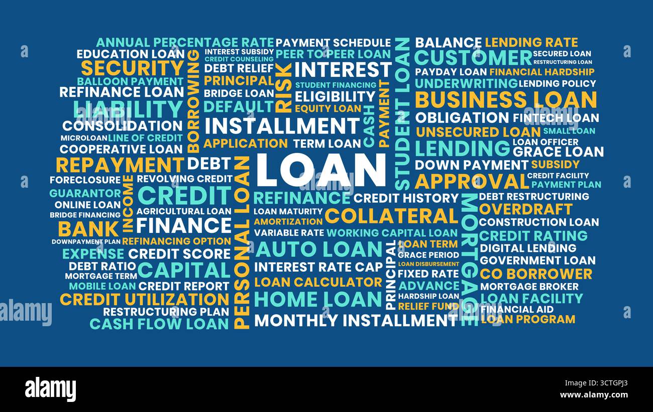 Progettazione di Loan Word Cloud, credito e rimborso prestito Word cloud con garanzia e approvazione Illustrazione Vettoriale