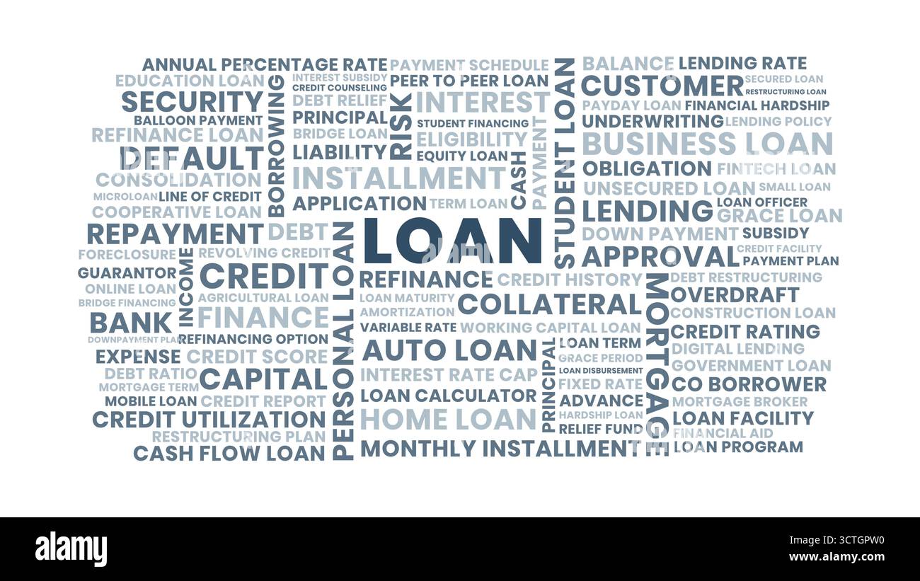 Illustrazione di cloud Word in prestito, progettazione di cloud Word in prestito e credito con concetto di mutuo, rimborso e approvazione del prestito Illustrazione Vettoriale