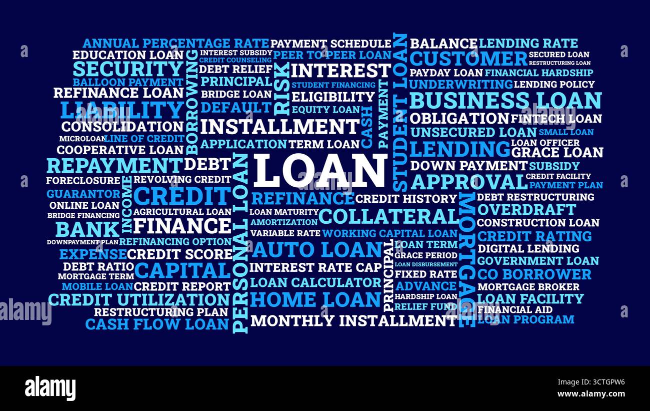 Progettazione di cloud Word in prestito, finanza e credito cloud Word in prestito con garanzie per l'approvazione del debito di interessi Illustrazione Vettoriale