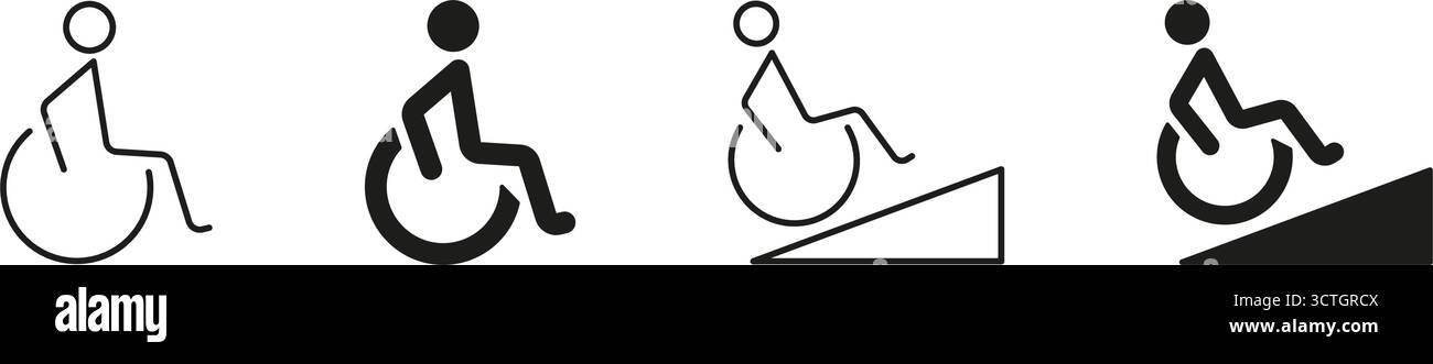 Set di icone accessibilità e mobilità su sedia a rotelle. Raccolta dei simboli di accesso per disabili e inclusività. Promozione di ambienti privi di barriere ed eguali Illustrazione Vettoriale
