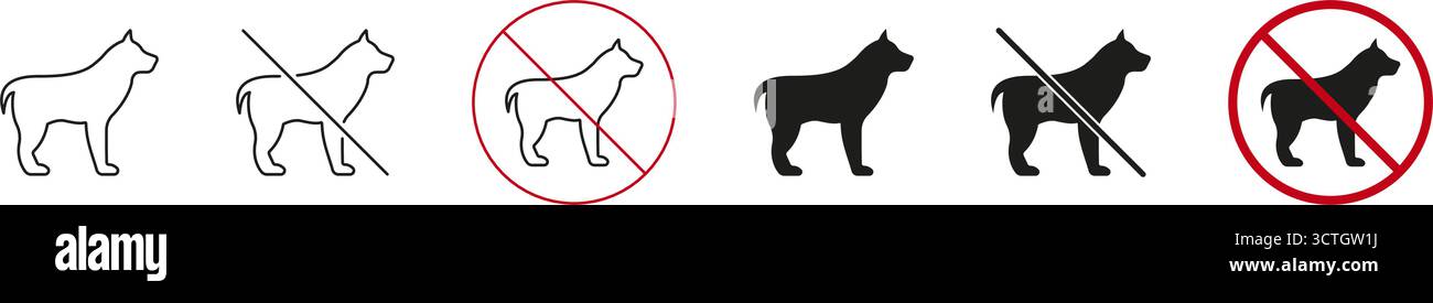 Set di icone divieto cane e indennità. Raccolta dei simboli di restrizione e autorizzazione PET. Include la sagoma del cane con cartelli di divieto e consentito Illustrazione Vettoriale