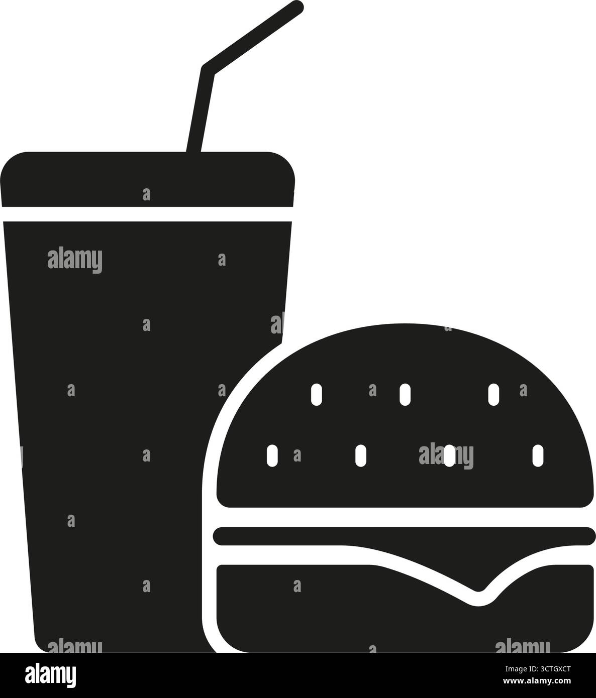 Icona Burger and Soda Solid. Simbolo della silhouette di fast food, fast food e bevande da asporto. Cucina americana, abitudini alimentari informali, cibo spazzatura Illustrazione Vettoriale