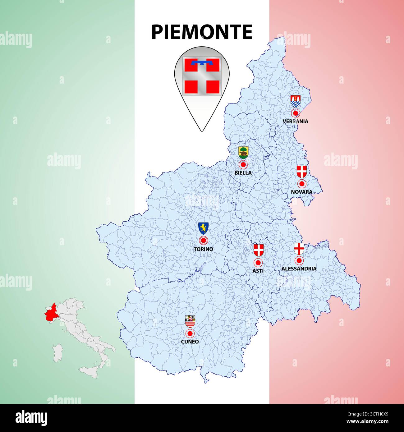 Piemonte, Piemonte, Italia, mappa regionale e simboli della regione e delle città, illustrazione vettoriale Illustrazione Vettoriale
