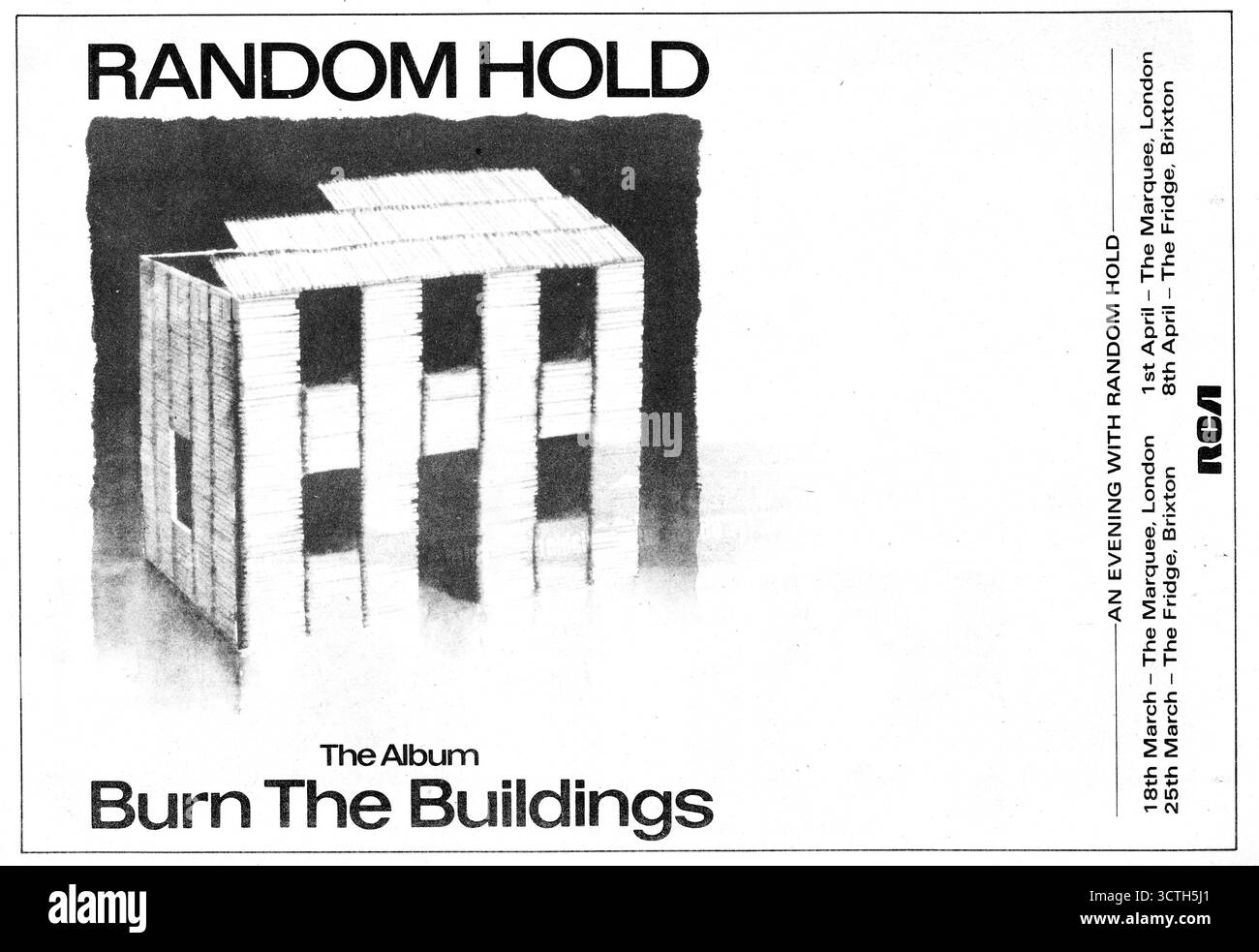 Annuncio LP. Random Hols nuovo album Burn the Buildings RCA Records. Più quattro concerti di Londra a marzo e aprile 1982. Scansionato da Sounds Music paper. Foto Stock