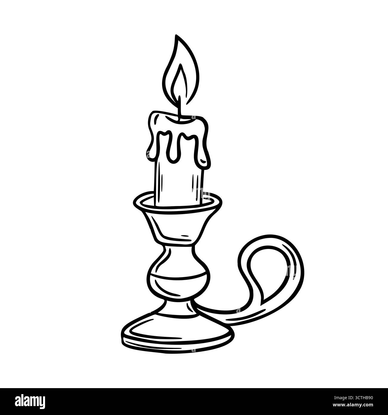 Un semplice disegno lineare di una candela in un supporto. La candela ha una fiamma e una cera che gocciola sui lati. Il supporto è dotato di una maniglia per un facile trasporto. Illustrazione Vettoriale