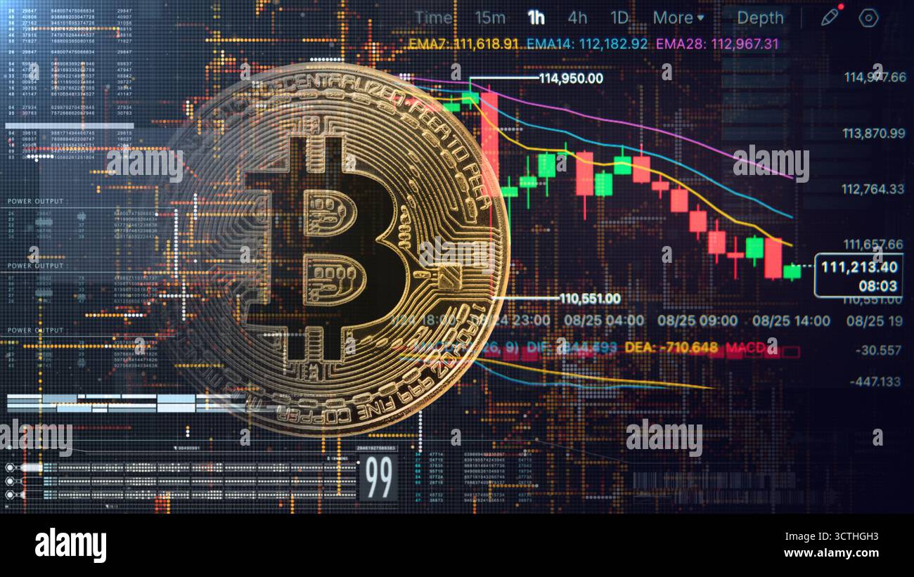 Un grafico digitale mostra i movimenti dei prezzi dei bitcoin, le tendenze e l'analisi del mercato con indicatori colorati in un ambiente di trading cripto. Foto Stock