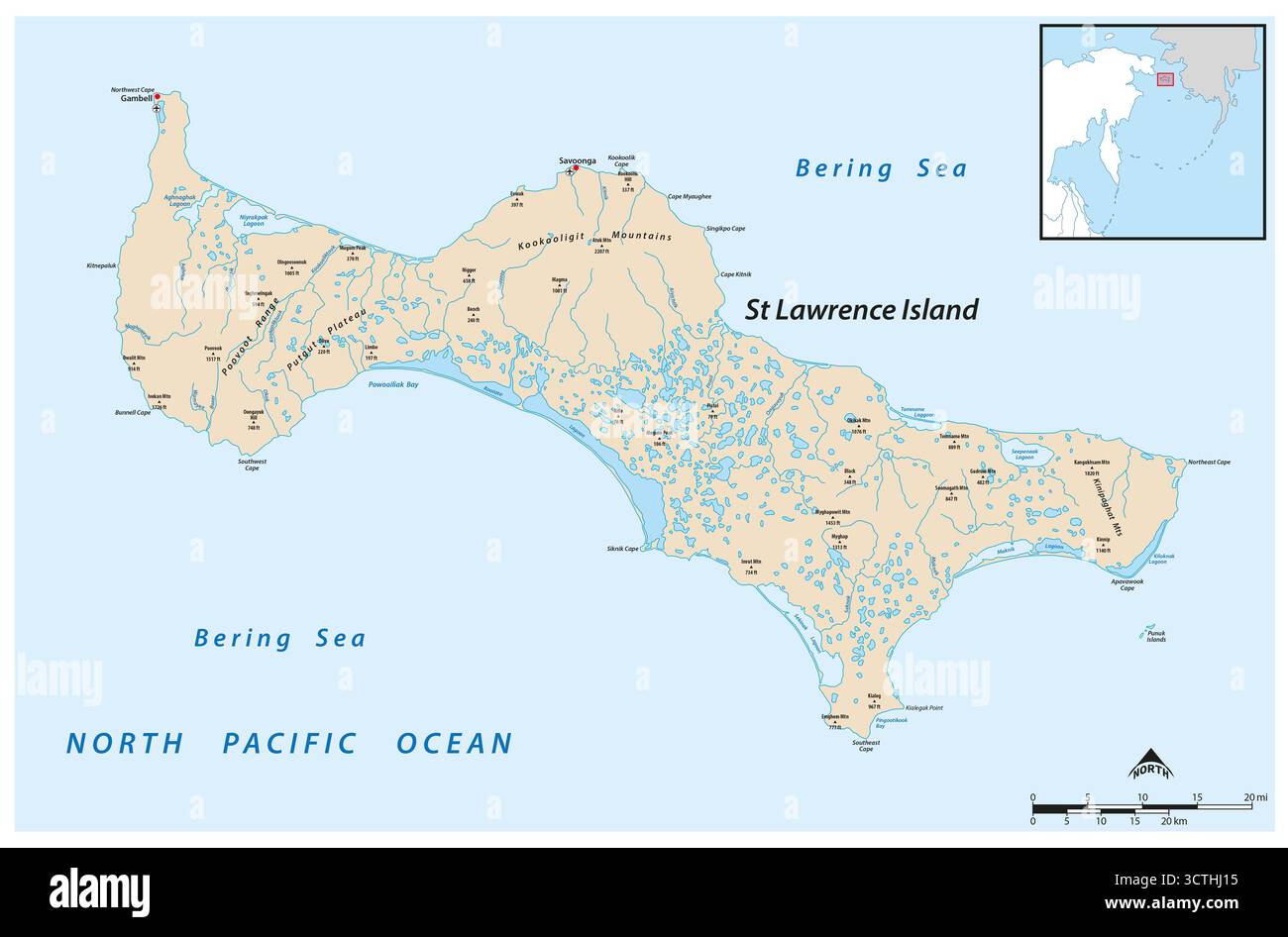 Mappa dettagliata dell'isola di San Lorenzo, Alaska, Stati Uniti Foto Stock