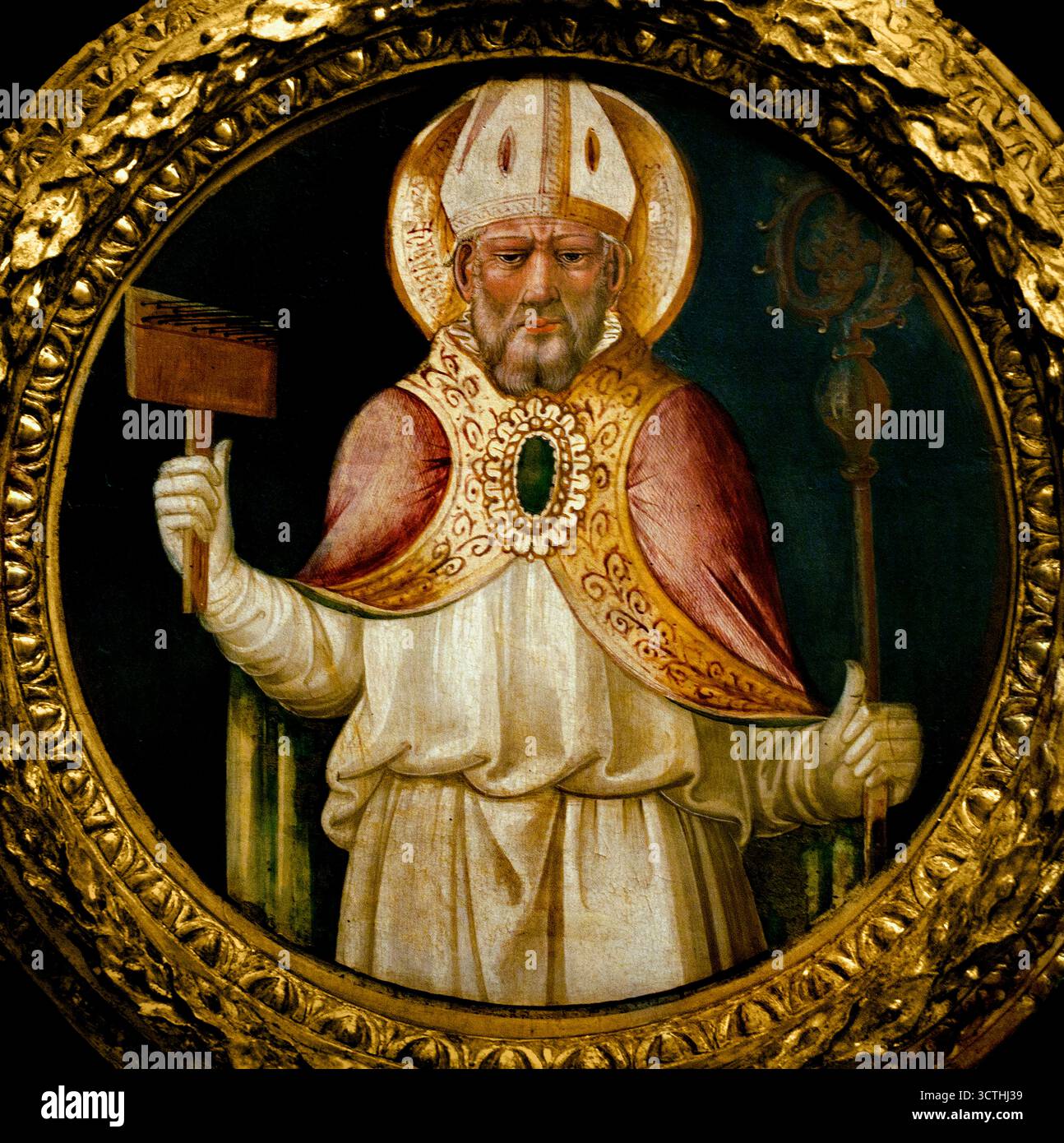 San Biagio - San Biagio del pittore fiorentino del Quattrocento Italia italiano ( Santa Blaise è patrona delle malattie alla gola, dei pettini di lana e degli animali selvatici. È anche considerato un protettore del commercio della lana, dei laringologi e del bestiame malato. Questo patrocinio è legato alla sua vita di vescovo martirizzato e alla tradizione della benedizione della gola in cui due candele sono tenute alla gola di una persona per proteggersi dalla malattia.) Foto Stock