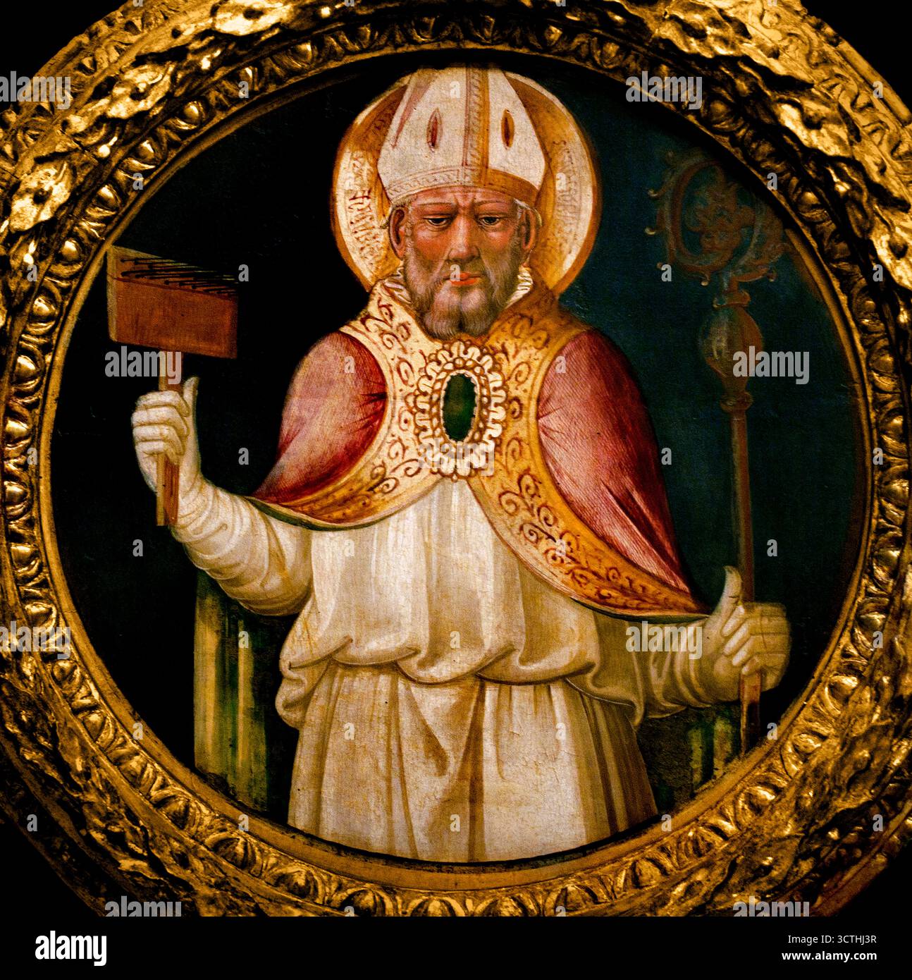 San Biagio - San Biagio del pittore fiorentino del Quattrocento Italia italiano ( Santa Blaise è patrona delle malattie alla gola, dei pettini di lana e degli animali selvatici. È anche considerato un protettore del commercio della lana, dei laringologi e del bestiame malato. Questo patrocinio è legato alla sua vita di vescovo martirizzato e alla tradizione della benedizione della gola in cui due candele sono tenute alla gola di una persona per proteggersi dalla malattia.) Foto Stock