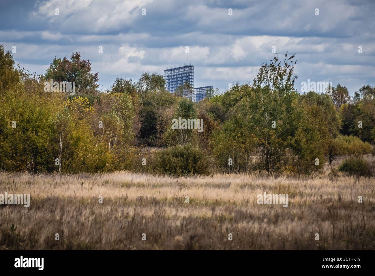 Sistema radar sovietico di Duga nella base militare di Chernobyl-2 visto dal villaggio di Illinci, zona di Chernobyl, Ucraina Foto Stock