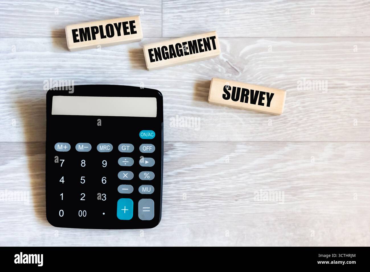 Un segno del sondaggio sul coinvolgimento dei dipendenti scritto su blocchi di legno Foto Stock