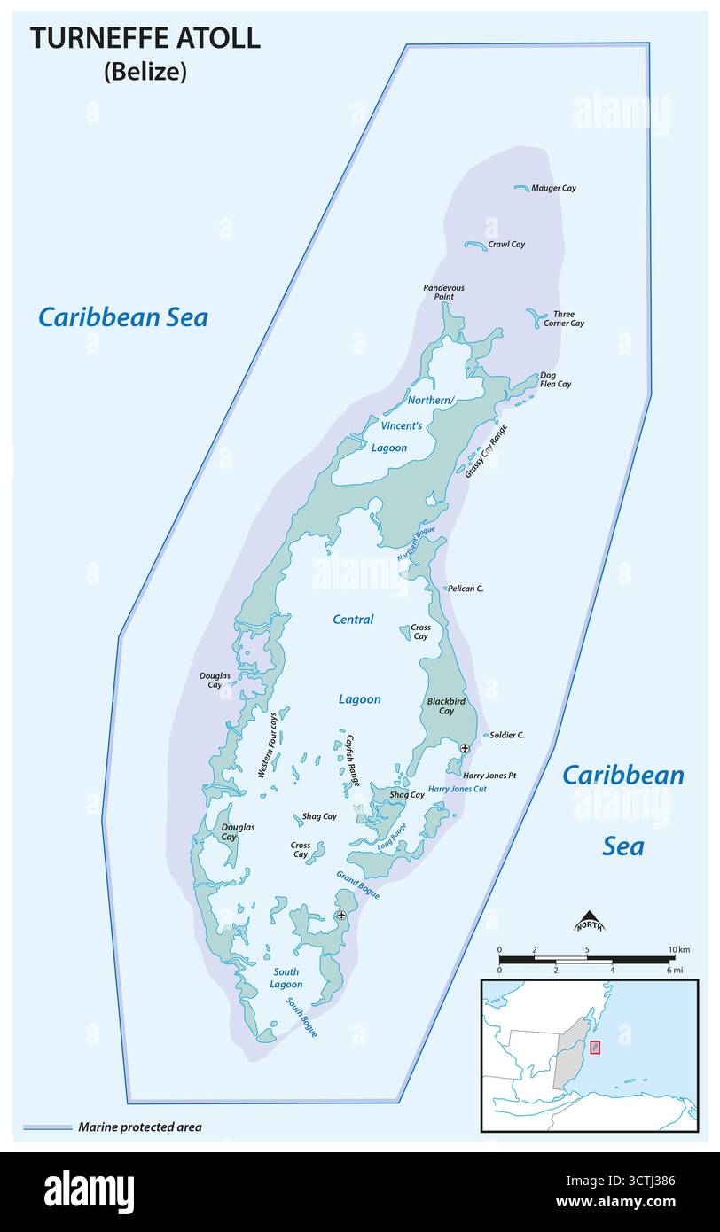 Mappa dell'atollo di Turneffe nel Mar dei Caraibi, Belize Foto Stock