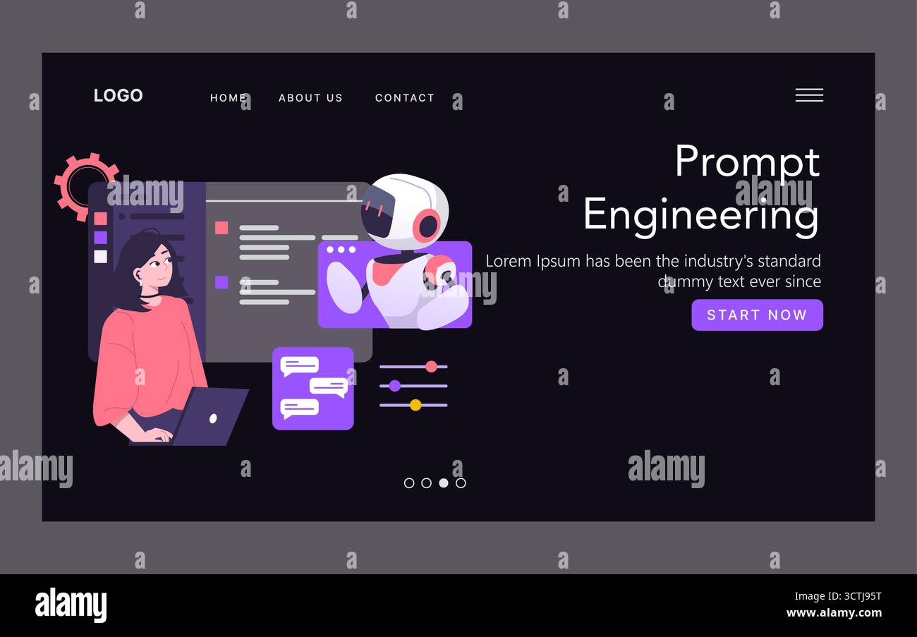 Illustrazione vettoriale che raffigura una donna che utilizza un notebook mentre interagisce con un robot su una piattaforma di progettazione rapida. La scena mette in evidenza la collaborazione tra gli esseri umani e l'intelligenza artificiale nella tecnologia. Illustrazione Vettoriale