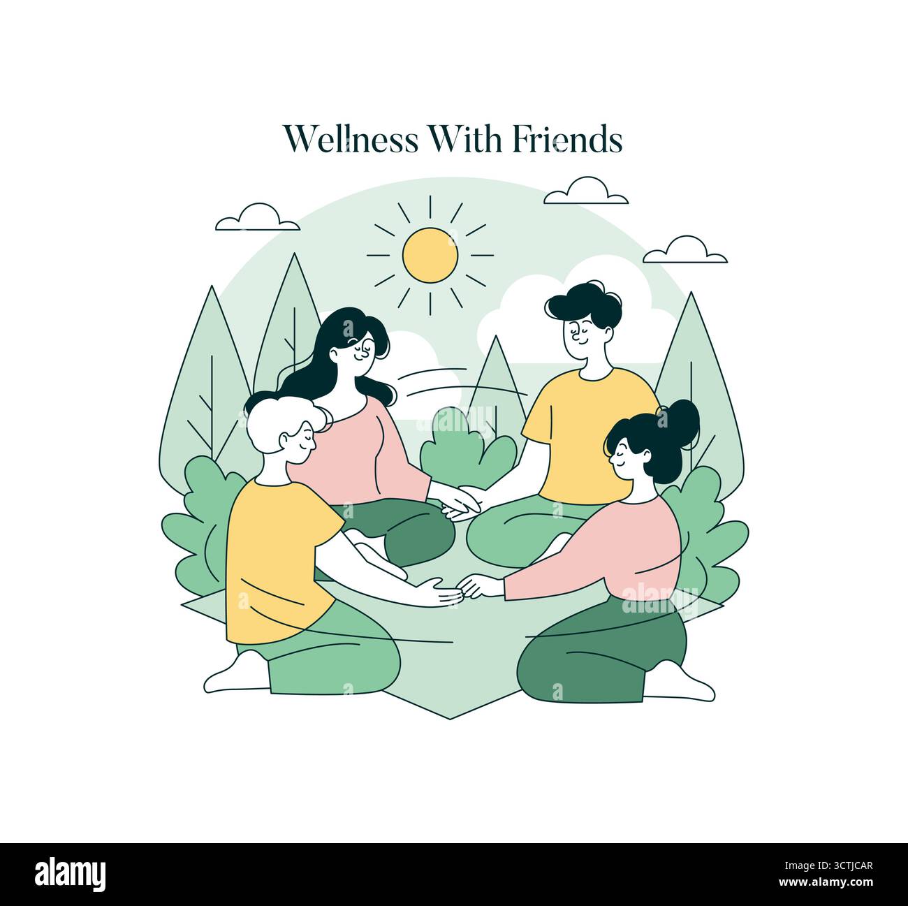 Illustrazione vettoriale che mostra quattro amici che meditano insieme in un ambiente naturale sereno. Sono seduti in cerchio, tenendosi per mano, esprimendo relax e unità sotto un cielo soleggiato. Illustrazione Vettoriale