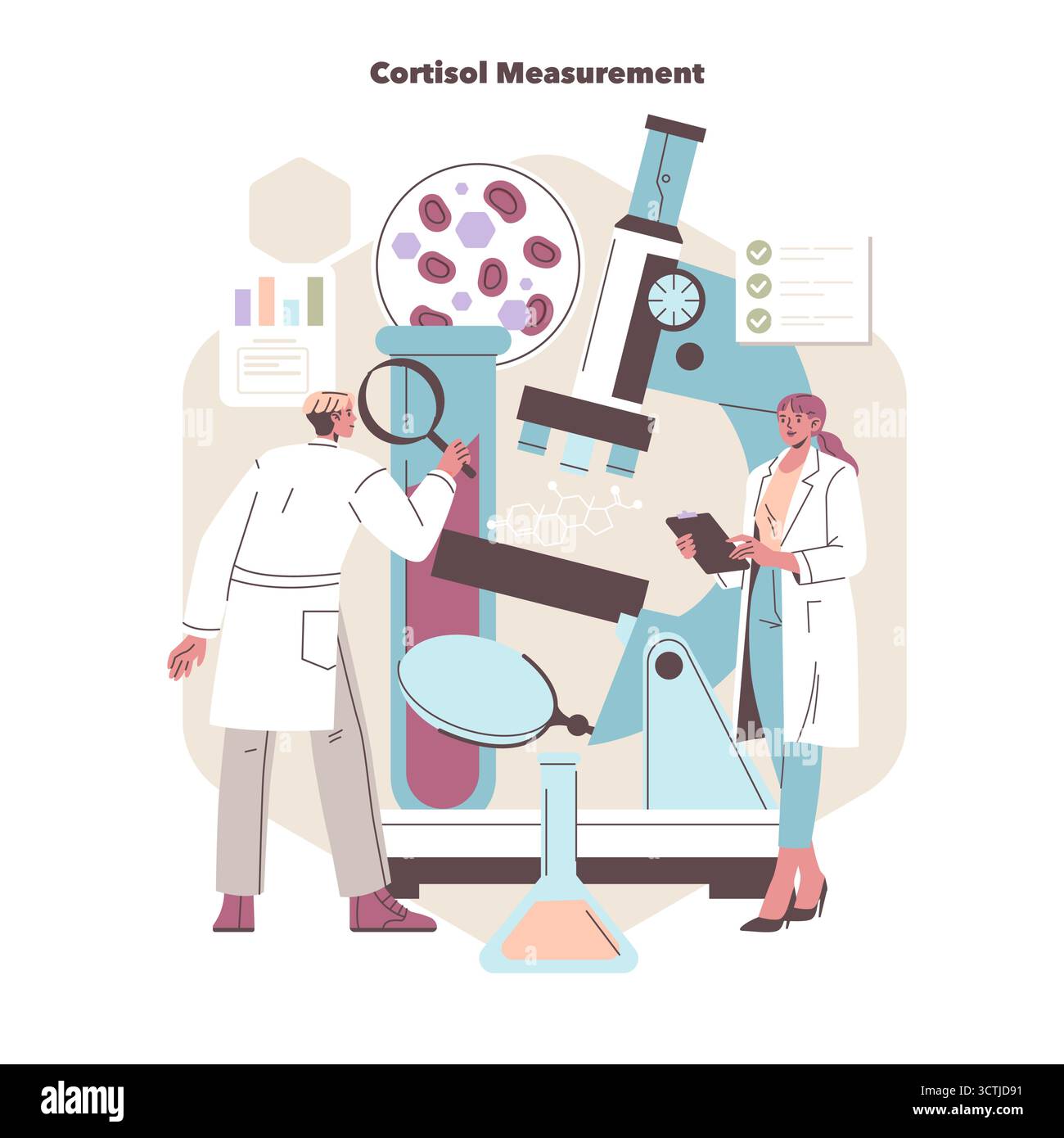 Scienziati che analizzano i livelli di cortisolo utilizzando apparecchiature di laboratorio avanzate. L'illustrazione evidenzia l'interazione tra ricercatori e moderni strumenti scientifici in un ambiente di laboratorio. Illustrazione Vettoriale