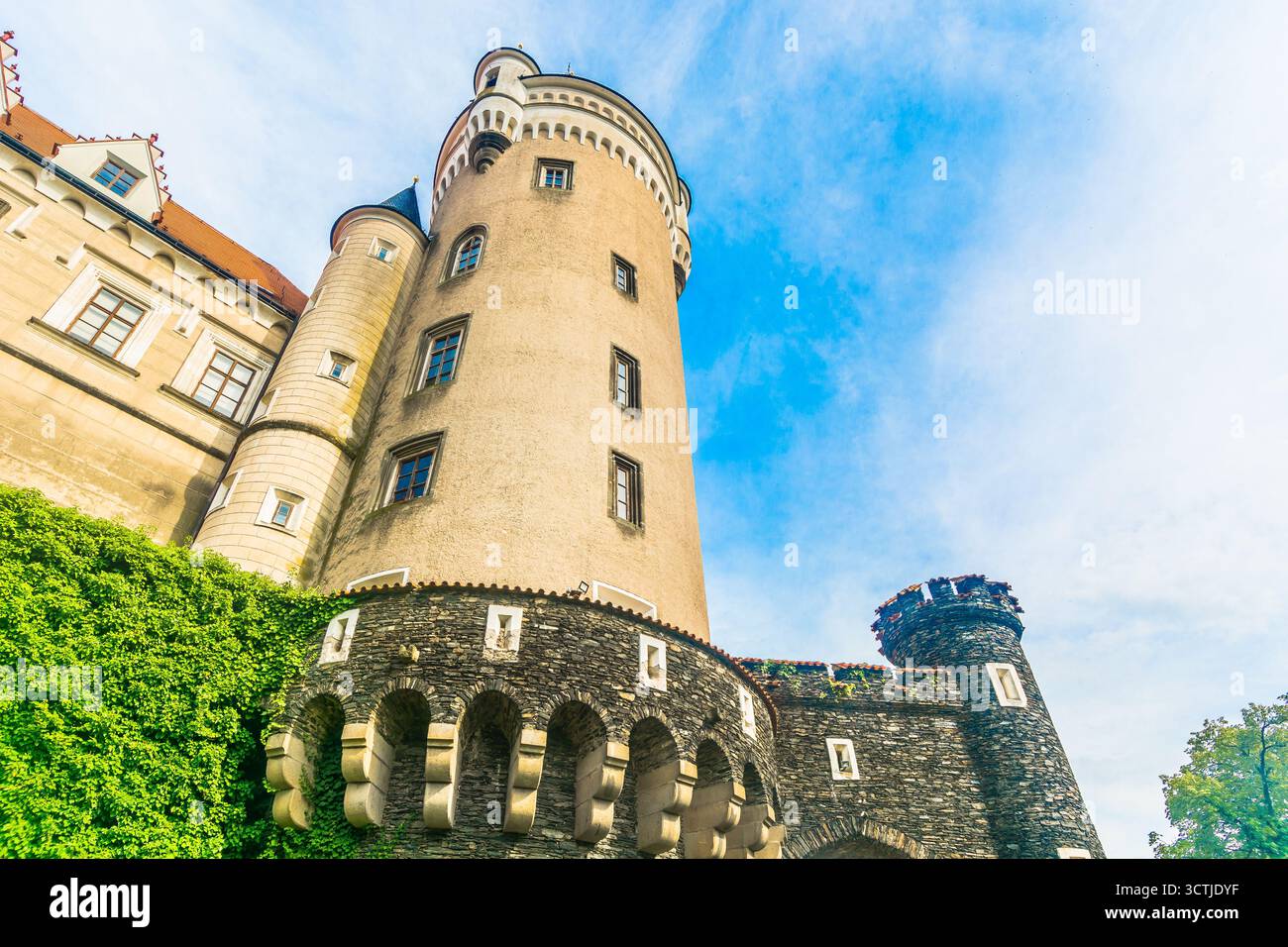 Immagine panoramica che cattura gli intricati dettagli architettonici del vecchio castello nella Repubblica Ceca, mostrando i suoi elementi gotici e rinascimentali Foto Stock
