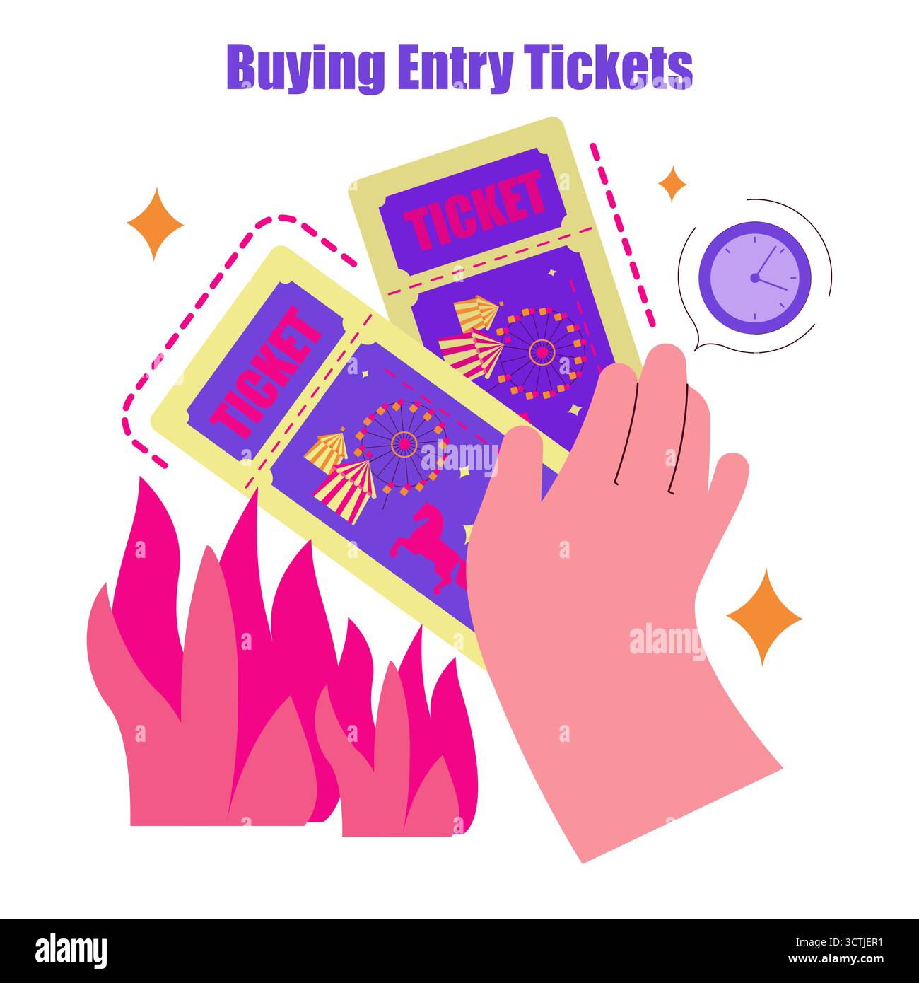 Illustrazione vettoriale di una mano che tiene in mano due biglietti d'ingresso colorati con un design della ruota panoramica. I colori vivaci e la composizione dinamica trasmettono emozioni e anticipazioni. Illustrazione Vettoriale