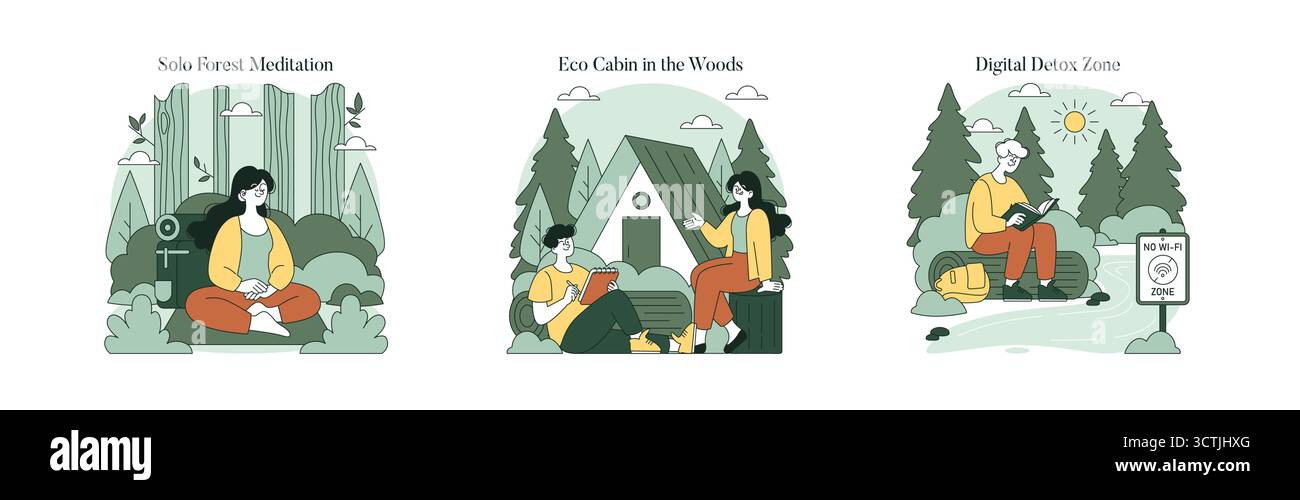 Trio di illustrazioni vettoriali che ritraggono la meditazione in solitaria in una foresta, il relax in una cabina ecologica nel bosco e la lettura in una zona detox digitale. Ogni immagine esplora la connessione della natura. Illustrazione Vettoriale