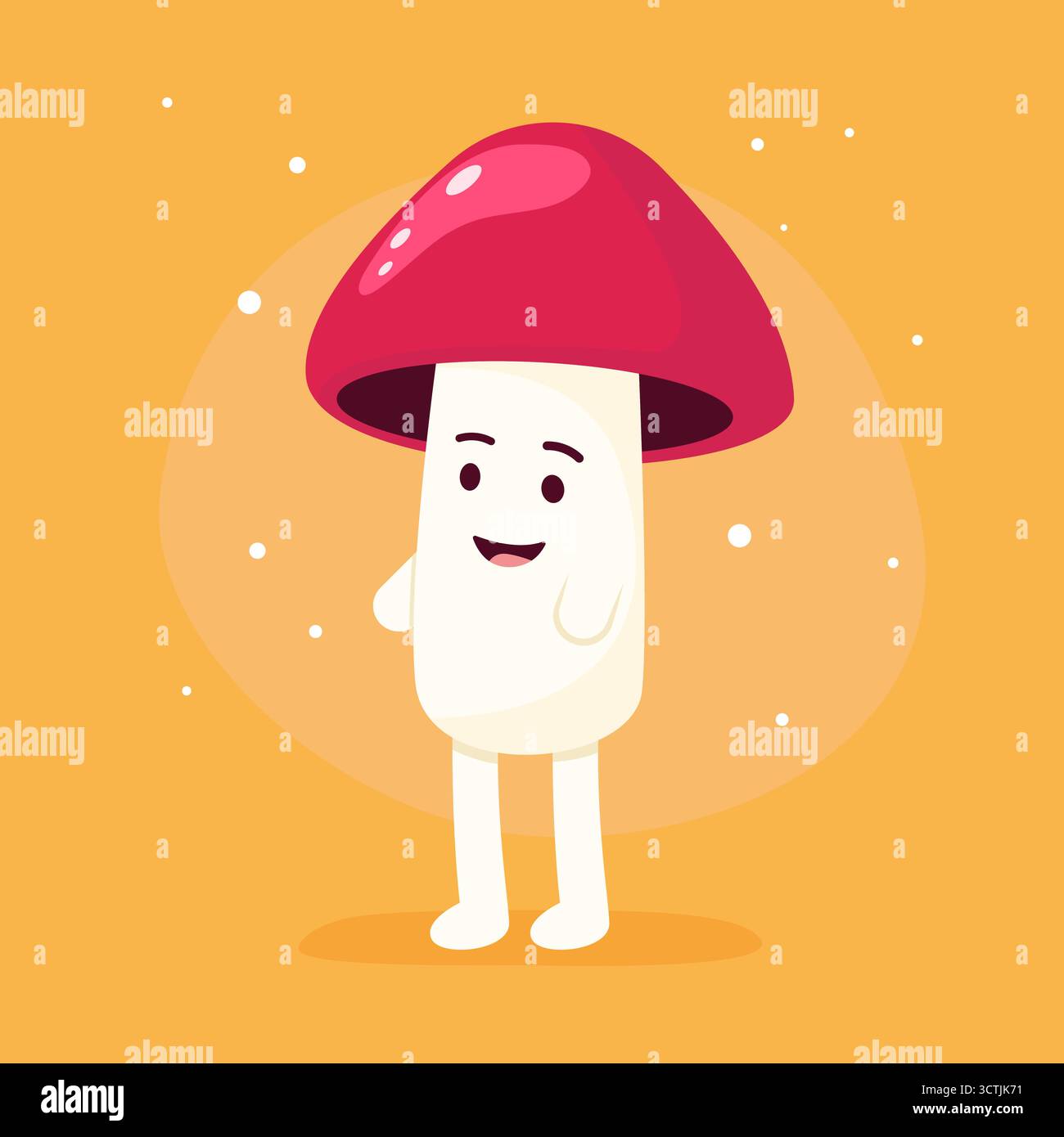 Allegro personaggio dei funghi dei cartoni animati su giocoso sfondo arancione. Illustrazione del vettore dei funghi antropomorfi Illustrazione Vettoriale