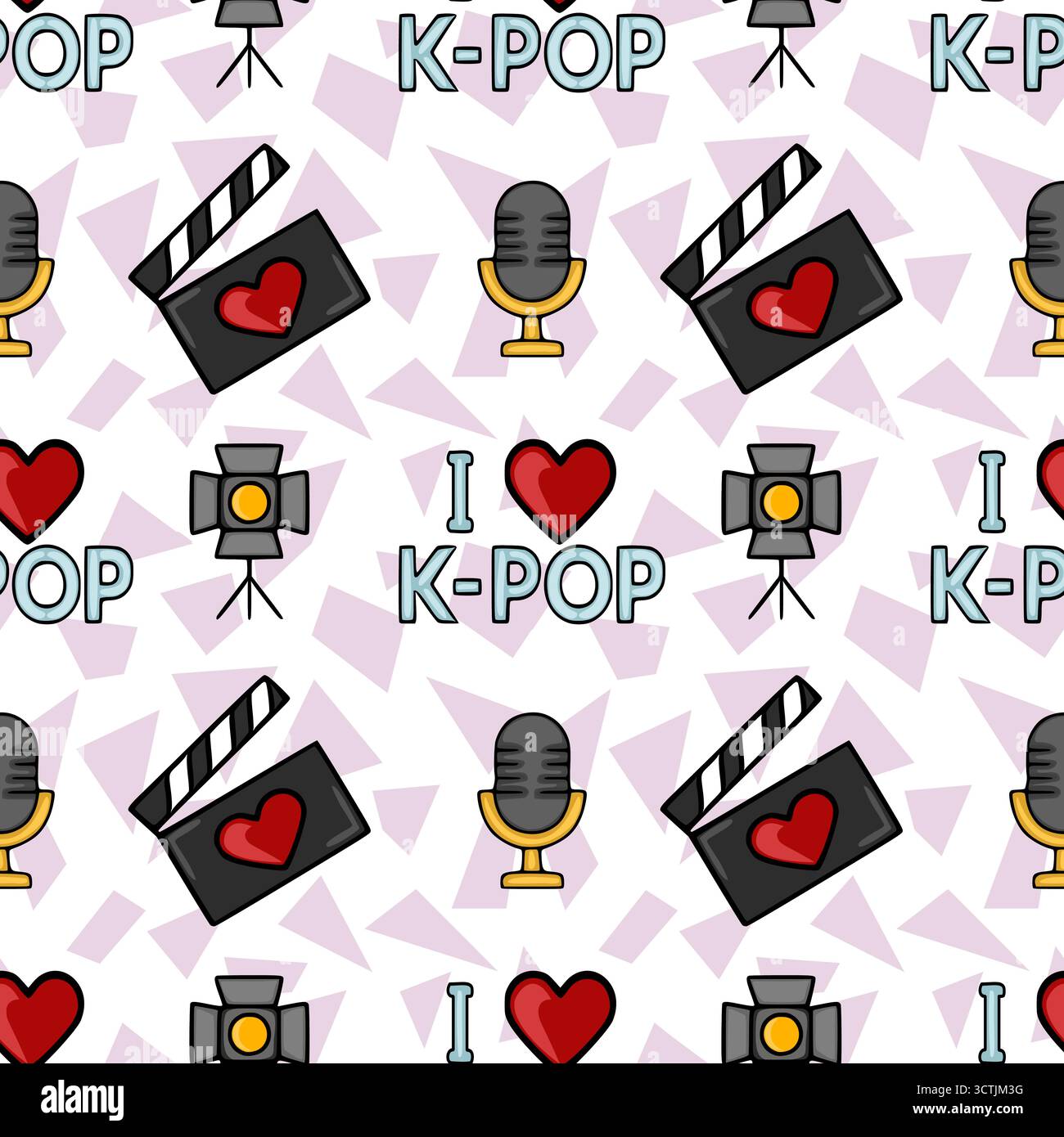 La musica K-Pop e la produzione cinematografica sono ispirati a motivi vettoriali con microfoni, tavolette, faretti e cuori su un backgroun geometrico pastello Illustrazione Vettoriale
