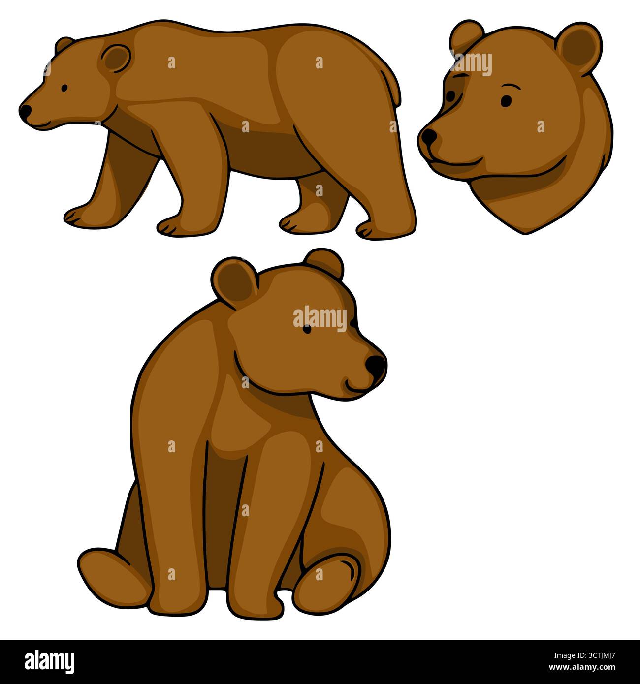 Un affascinante set di illustrazioni vettoriali con un orso bruno in tre posizioni distinte: In piedi, seduto e un profilo della testa, con linee pulite e un Illustrazione Vettoriale