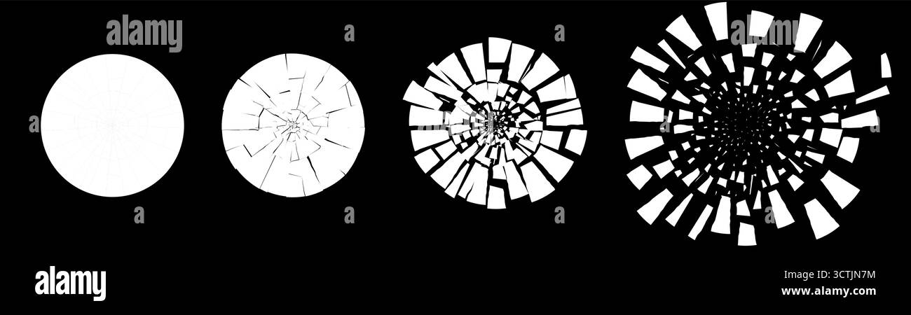 Esplosione del cerchio di vetro frantumato con frammenti brillanti affilati. Sfondo vettore geometrico astratto che simboleggia l'impatto, l'arresto anomalo o la potenza. Design vfx moderno per poster o arte digitale. Illustrazione Vettoriale
