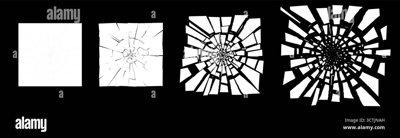 Struttura quadrata in vetro frantumato con frammenti volanti. Sfondo vettoriale burst astratto in bianco e nero. Perfetto per i concetti di effetti digitali motion, Explosion o sci fi. Illustrazione Vettoriale