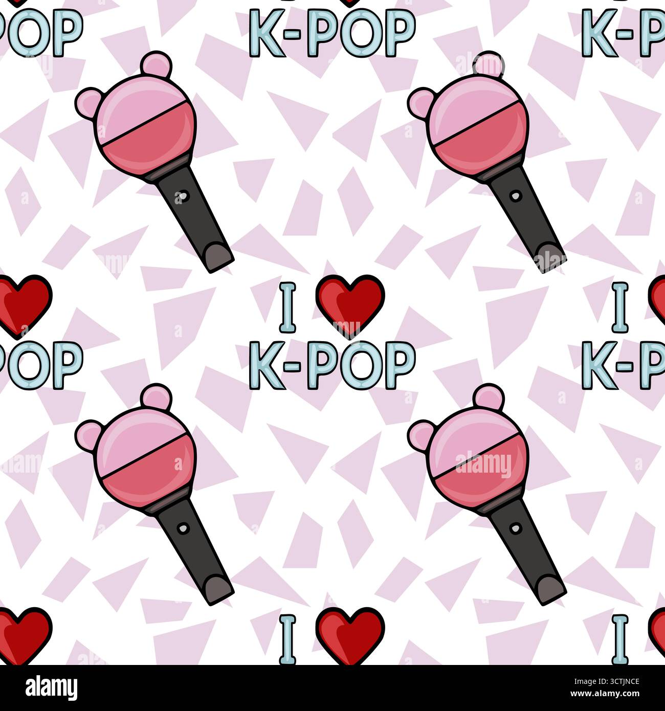Motivo vettoriale continuo che celebra la cultura K-Pop con iconiche levette e cuori su sfondo pastello geometrico. Illustrazione Vettoriale
