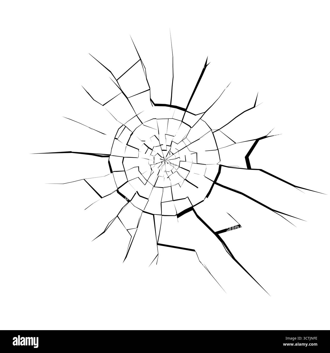 Foro proiettile nello specchio incrinato con linee frantumate e detriti. Texture drammatica per il design di poster di crimine, orrore o Halloween. Illustrazione vettoriale su sfondo scuro. Illustrazione Vettoriale