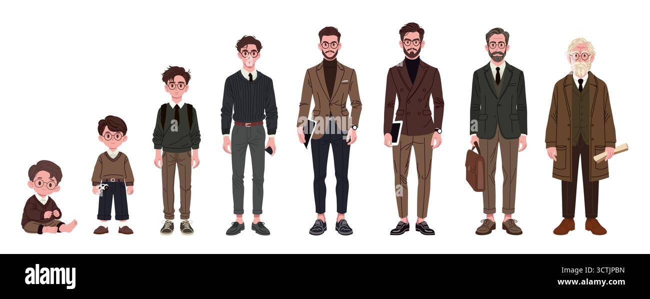 Illustrazione vettoriale che raffigura le fasi della vita di un uomo dall'infanzia alla vecchiaia. Ogni fase mostra età diverse, da un bambino a un anziano, evidenziando la crescita e lo sviluppo. Illustrazione Vettoriale