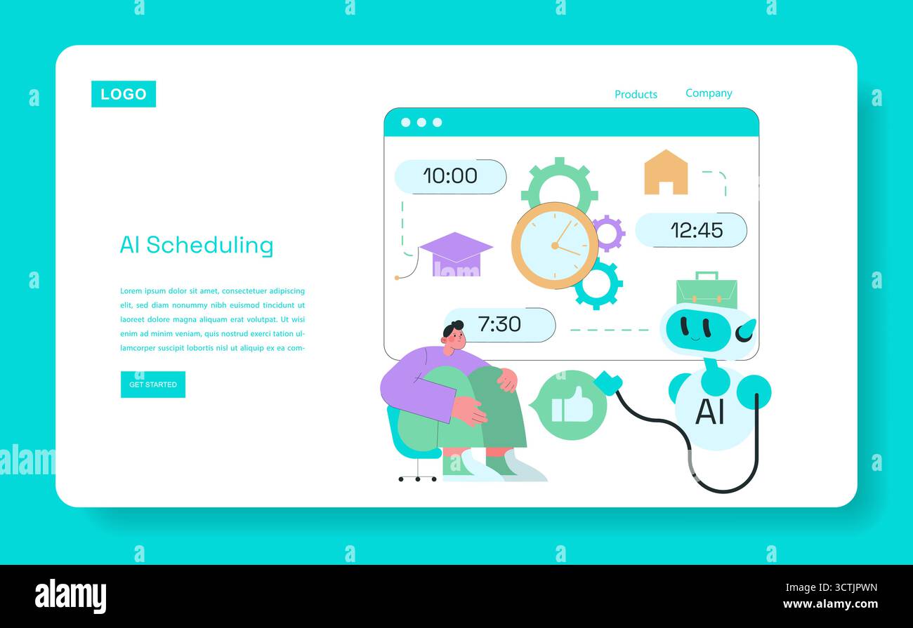 Illustrazione vettoriale della pianificazione dell'INTELLIGENZA ARTIFICIALE che mostra un allegro robot che assiste una persona con attività di gestione del tempo. Include vari simboli che rappresentano il tempo, il lavoro e la produttività. Illustrazione Vettoriale
