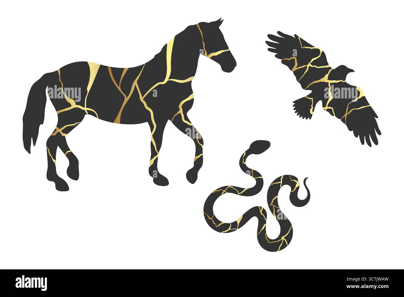 Silhouette di animali decorate con crepe Kintsugi dorate. Silhouette a cavallo, serpente e corvo con marmo dorato. Illustrazione vettoriale Illustrazione Vettoriale