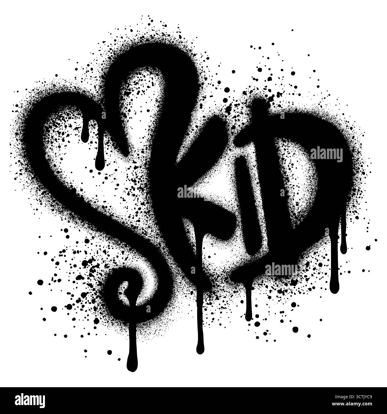 Carattere per bambini verniciato a spruzzo in stile graffiti che forma un cuore con vernice spray in nero su bianco per la stampa, lo sfondo, il poster, l'adesivo. Illustrazione Vettoriale