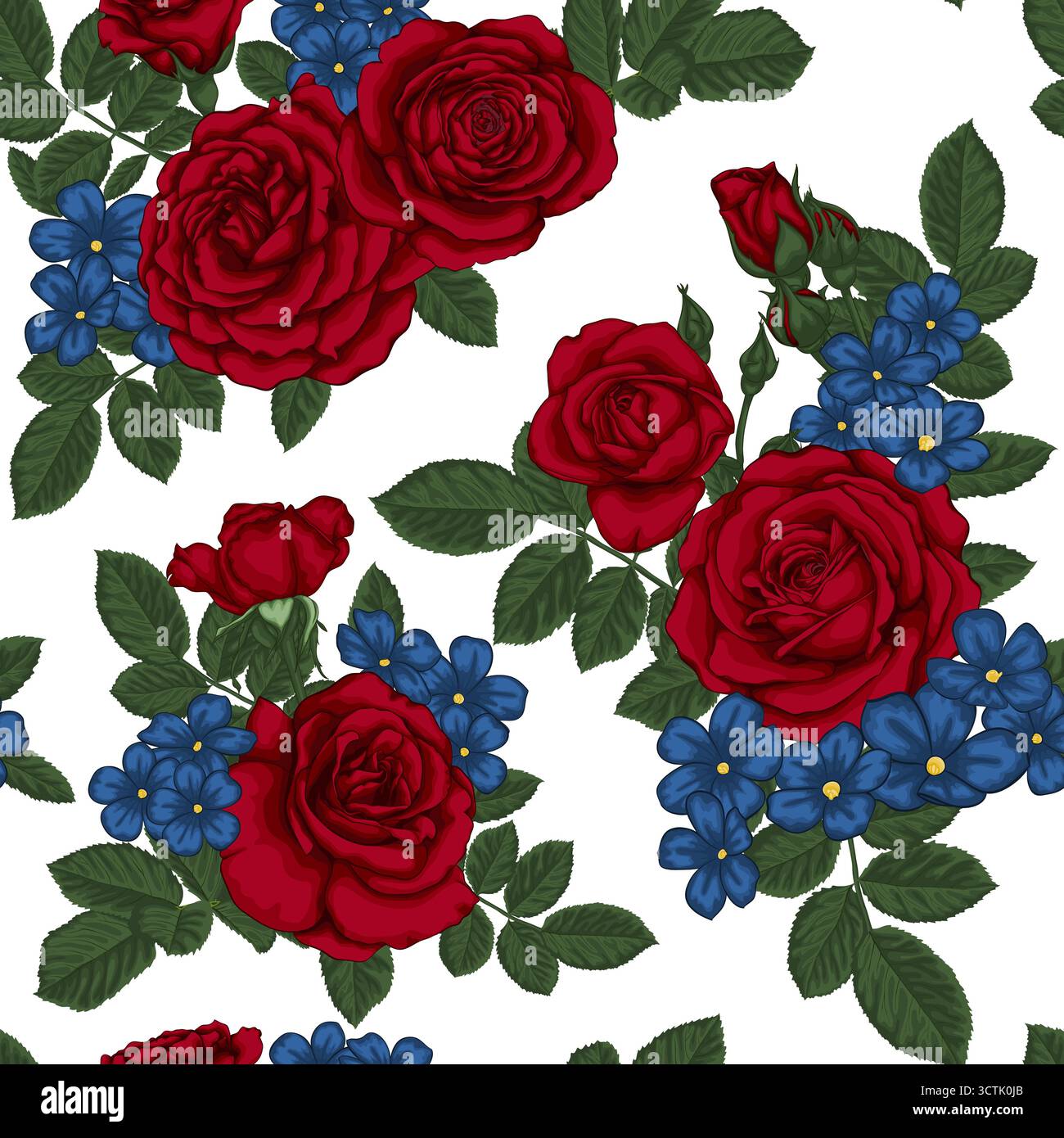 splendido motivo vintage senza cuciture con mazzi di rose e foglie rosse. Illustrazione Vettoriale