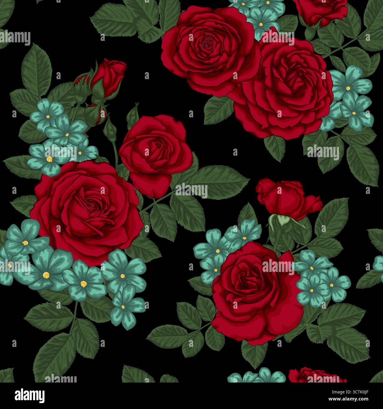 splendido motivo vintage senza cuciture con mazzi di rose e foglie rosse. Illustrazione Vettoriale