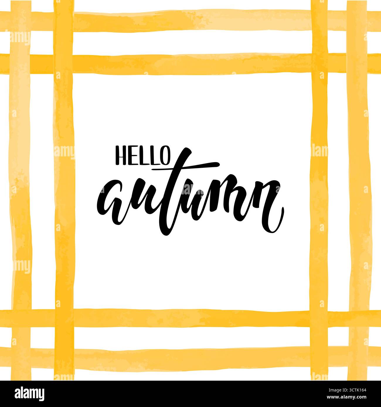 Strisce di acquerello giallo arancio. Ciao autunno. Calligrafia disegnata a mano e scrittura a pennello. design per biglietti d'auguri natalizi e invito al mare Illustrazione Vettoriale