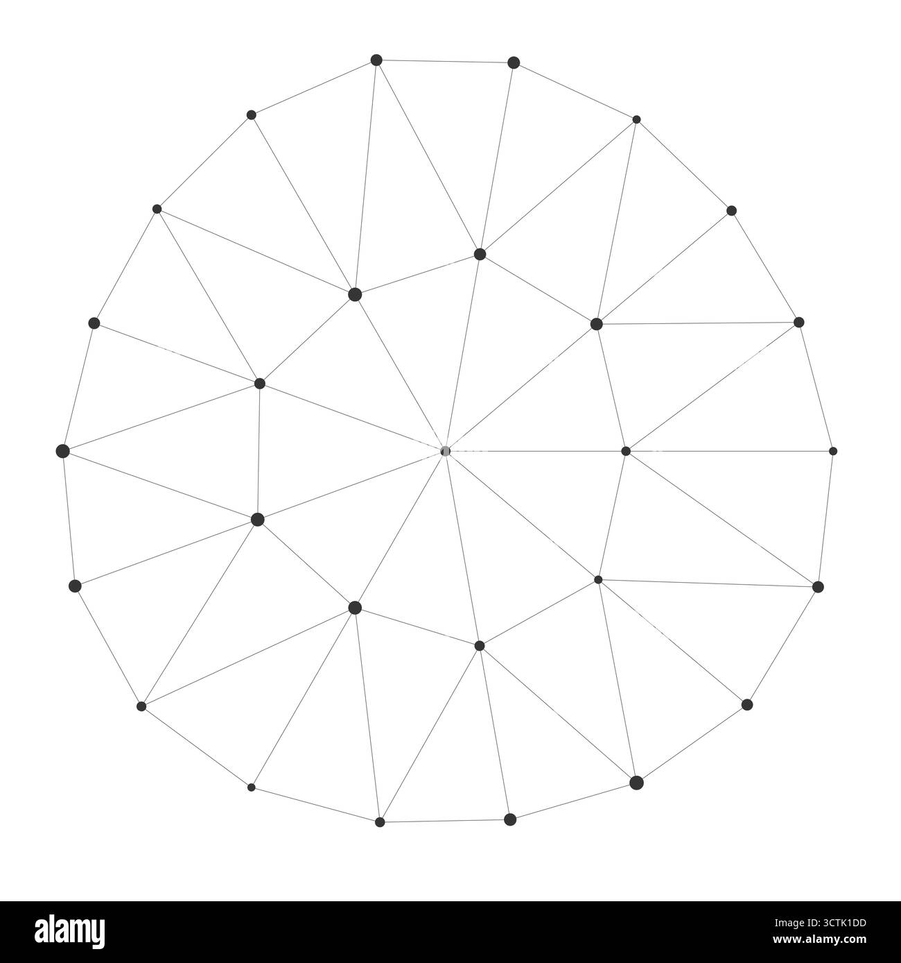 Cerchio geometrico astratto formato da linee intersecanti e punti neri più grandi, ideale per concetti scientifici, tecnologici o di rete su sfondo bianco Illustrazione Vettoriale
