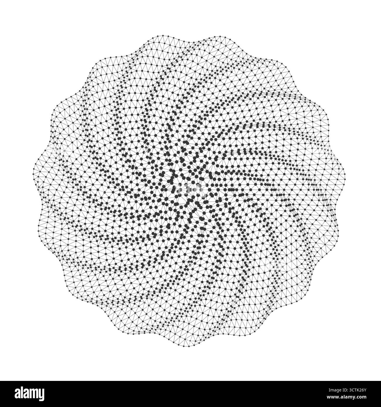Il moderno motivo geometrico a rete a spirale forma una forma astratta circolare ideale per sfondi tecnologici, immagini scientifiche o progetti di arte digitale isolati su sfondo bianco Illustrazione Vettoriale