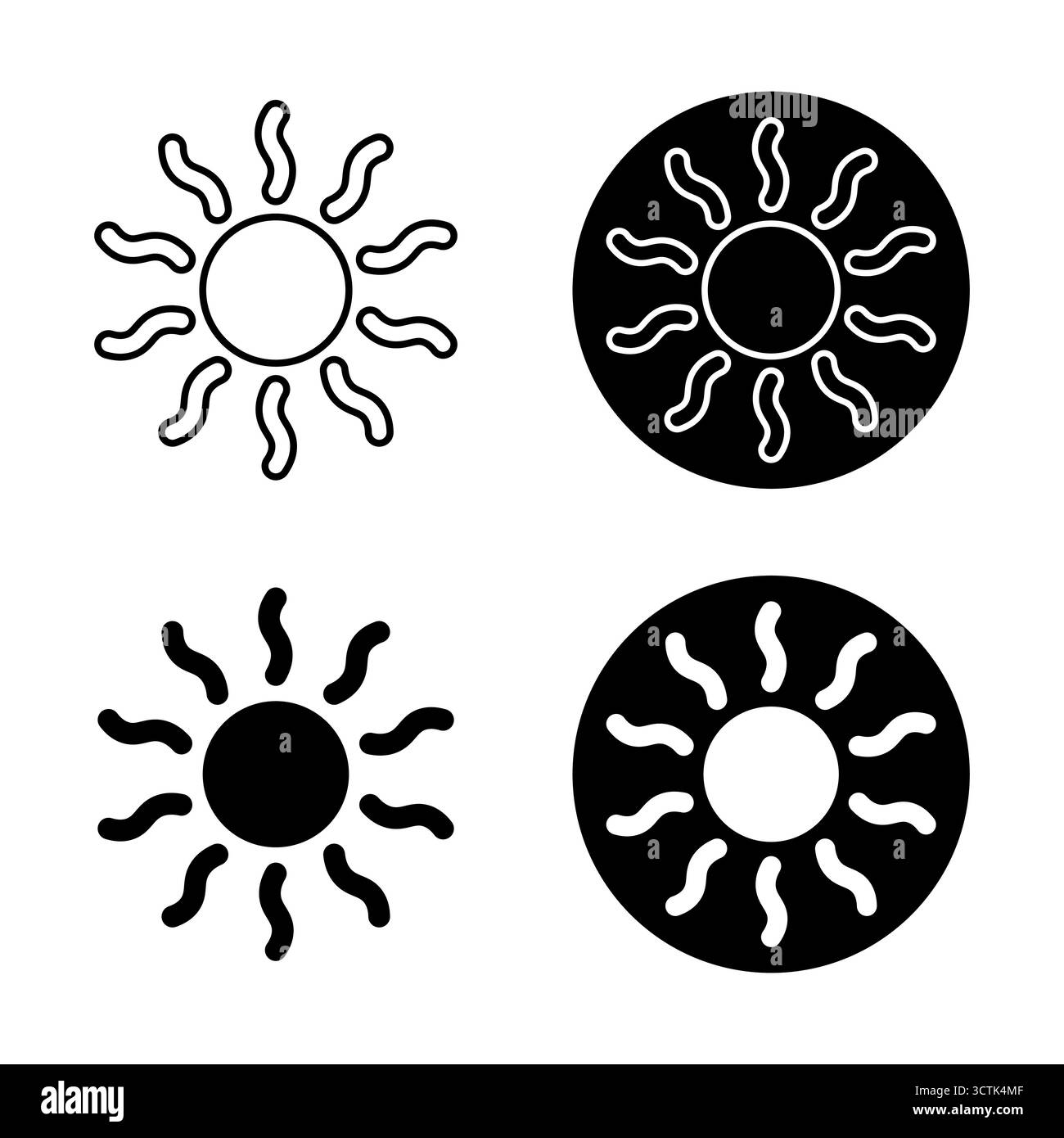 Set di icone del sole nell'illustrazione in bianco e nero. Perfetto per simboli meteorologici, temi estivi, design ecologico, creazione di logo o progetti grafici decorativi Illustrazione Vettoriale