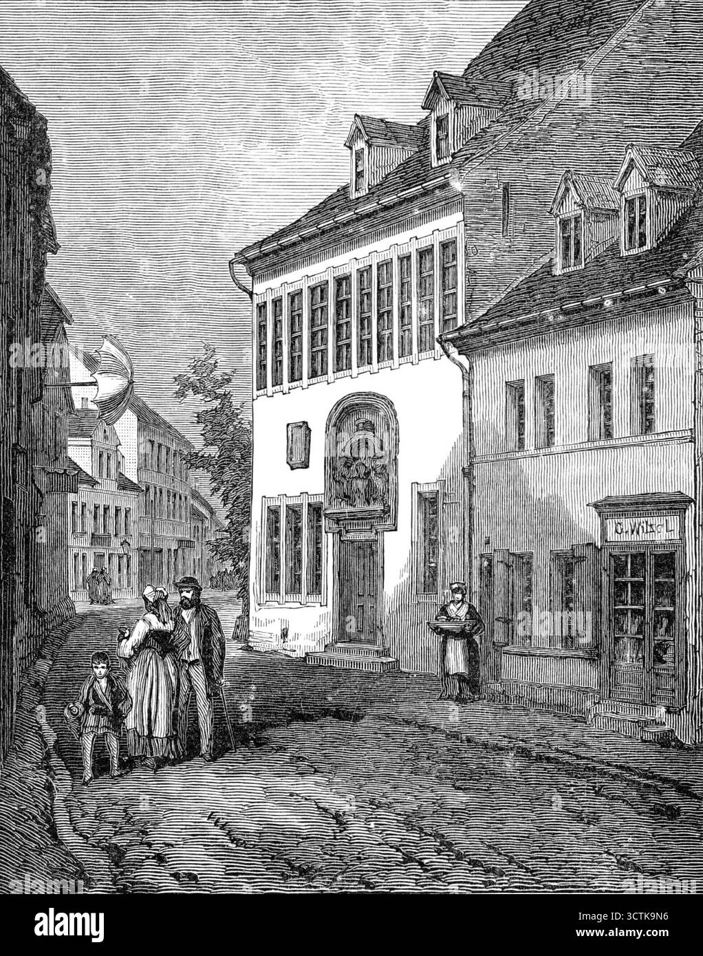 The Luther Celebration in Germany: casa in cui Lutero nacque a Eisleben, 10 novembre 1483 (1883). Il sacerdote tedesco, teologo e autore Martin Lutero (1483-1546) visse e morì a Eisleben in Sassonia-Anhalt. Da "Illustrated London News", 1883. Foto Stock