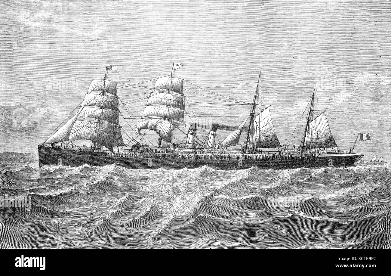 La nave a vapore della Red Star Line Westernland, 1883. La Westernland è stata costruita dai signori Laird, Birkenhead, per la Red Star Line (linea postale tra Anversa, New York, Filadelfia). È la nave più grande costruita sulla Mersey. Le sue dimensioni sono: 455 piedi lungo sul ponte principale, 47 piedi e 35,2 piedi in profondità; stazza lorda, 5500; potenza di cavallo, circa 4000; capacità peso morto, 5000. Lo scafo è costruito in acciaio, con quattro ponti completi, e tre di essi placcati in acciaio; e in mezzo a un ponte a lungomare di 200 piedi. lungo, con ponte sotto, tartaruga retrostante in avanti e. Foto Stock