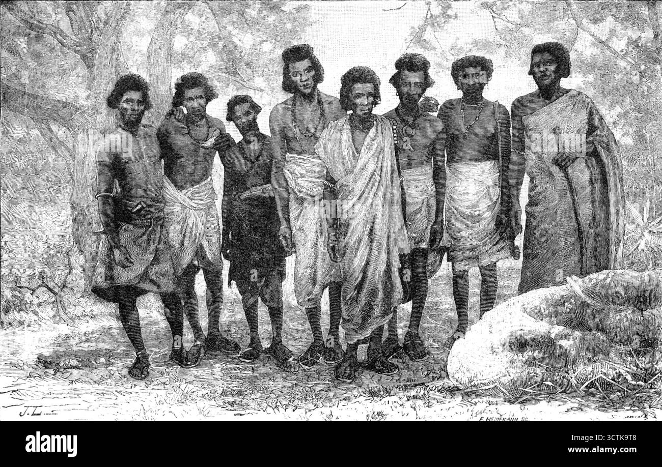 Illustrazioni di "The Wild Tribes of the Soudan", di Mr. F. L. James, F.R.G.S. : Basé at Aibaro, 1883. È probabile che i libri sul Soudan siano già in richiesta; e possiamo consigliarne uno pubblicato dal signor Murray questa settimana, da cui ci è permesso prendere in prestito quattro illustrazioni. L'autore... ha trascorso quattro mesi, da dicembre ad aprile, 1882, in una spedizione sportiva dell'Africa orientale... la gara Basé o Kunama, abitando più in alto sul Khor el Gash verso l'Abissinia, è stata meno conosciuta; e il resoconto di James su di loro è di qualche valore. Per questo motivo, così come per gli aneddoti di Foto Stock