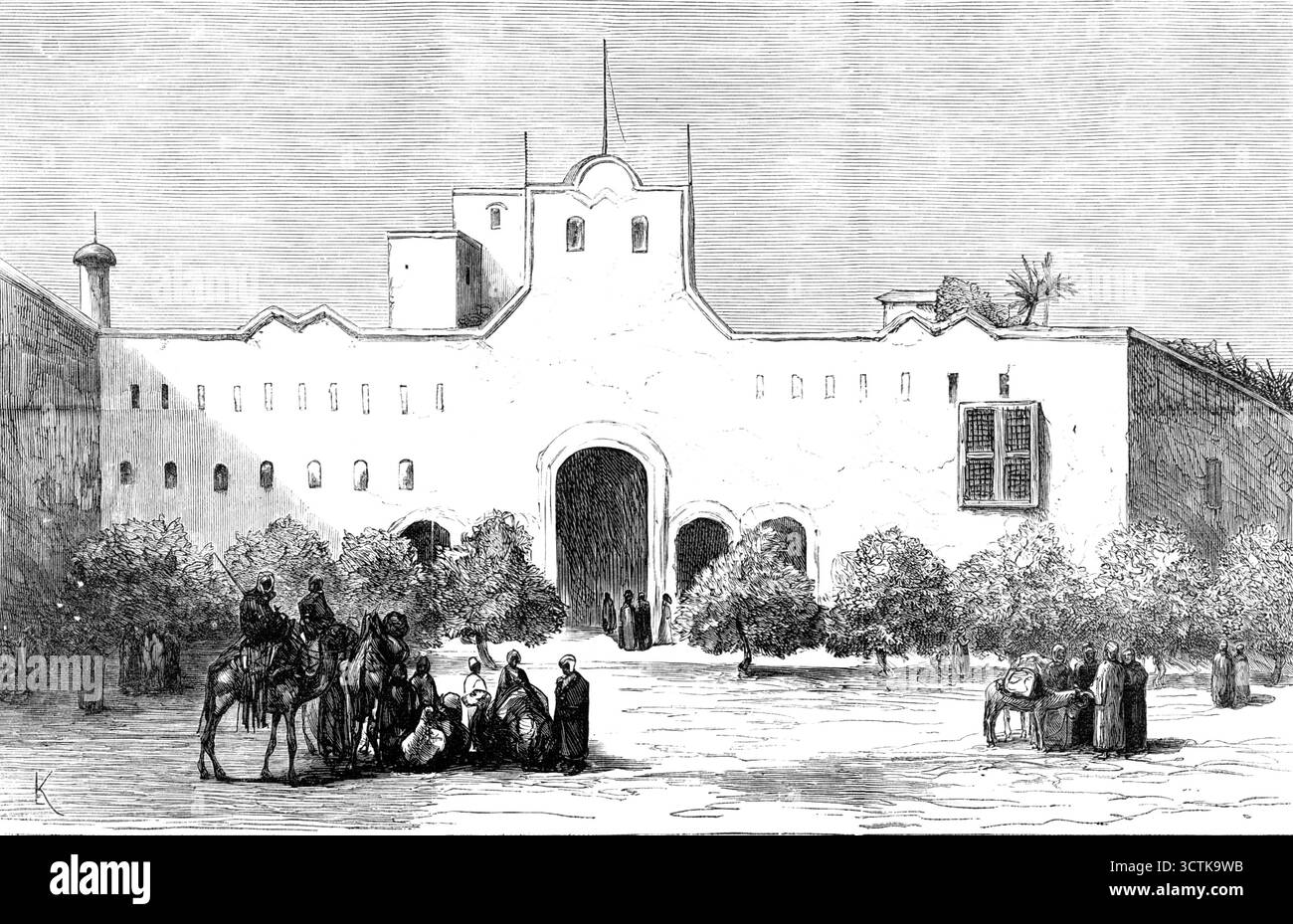Bozzetti nel Soudan: Khartoum, la capitale del Soudan: Piazza principale, con residenza del Mudir, o governatore egiziano, 1883. "Khartoum, la capitale del Soudan, una città di 40.000 abitanti, è mostrata in una delle nostre illustrazioni, From a Sketch di M. G&#xe9;Roire, che ha visitato quelle parti in una spedizione scientifica. Questo schizzo dà una vista del luogo pubblico di fronte agli uffici governativi e alla residenza del Mudir, ma la maggior parte delle strade sono strette e tortuose; ci sono uno o due edifici in pietra, tra cui la casa della missione cattolica francese, con la sua chiesa e. Foto Stock
