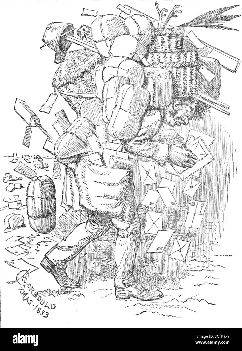 Joe Barker's Christmas Post, 1883. ''attenzione, sei a casa in tempo per la cena', suonò nelle orecchie di Joe mentre si incammina vistosamente lungo il suo ritmo, piegandosi sotto un carico di missili più pesante in buste, ceppi e pacchi di qualsiasi postino attivo e fidato di sua Maestà il giorno di Natale... le sue ginocchia tremavano sotto di lui. Nove, dieci, undici. Tuttavia, il peso non alleggeriva il carico - le gambe non camminavano velocemente...Joe Barker temeva che non sarebbe mai tornato a casa entro il night...beads di traspirazione scoppiata nella sua fronte rugosa. Oltre l'una; e sapeva che il tacchino mi avrebbe bruscamente crogiolato Foto Stock